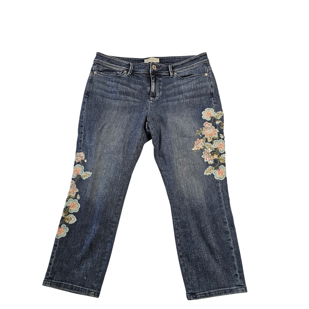 J. Jill Authentic Fit Cropped Embroidered Floral Denim Jeans Blue Petite 10P